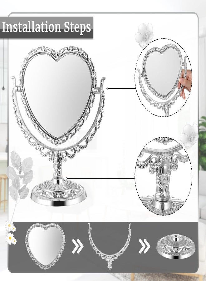 Jetec Heart Shaped Mirror Desktop Makeup Retro 360 Degree Rotation Standing Cosmetic for Dresser Room Decor Vintage Makeup Cosmetic Mirror(Silver) - Image 3